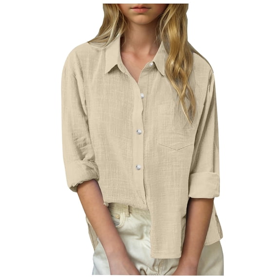 FINALGANG Girls Kids Solid Color Oversized Button Down Shirt With Bust Pocket Soft Linen Long Sleeve Loose Fit Casual Blouse For Daily Wear Streetwear Beige 7-8 Years