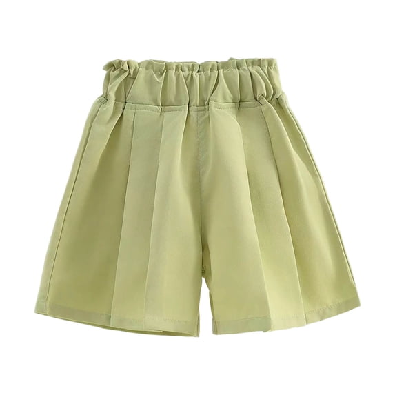 FINALGANG Girls Kids Solid Color Paperbag Waist Pleated Shorts Loose Fit Lightweight Shorts For Summer Daily Wear Casual Outings Party Occasions Green 11-12 Years