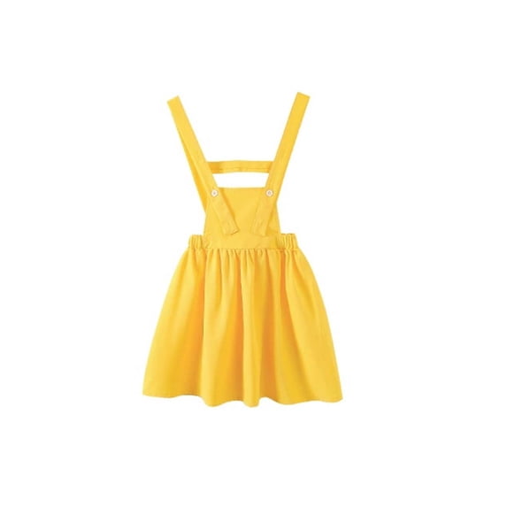 FINALGANG Girls Kids Solid Color Pinafore Dress Adjustable Shoulder Straps Button Detail Elastic Waist Flared Skirt Casual Summer Dress For Daily Wear Yellow 9-10 Years