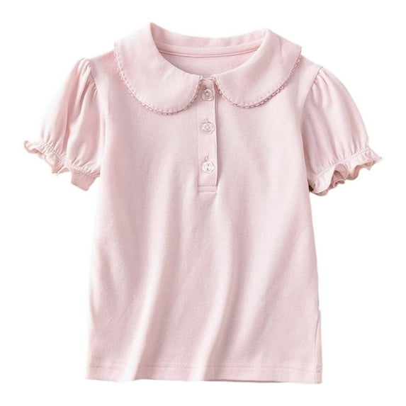 FINALGANG Girls Kids Solid Color Polo Shirt With Peter Pan Collar Ruffled Short Sleeve Lightweight Casual Blouse For Playtime Daily Wear PK2 7-8 Years