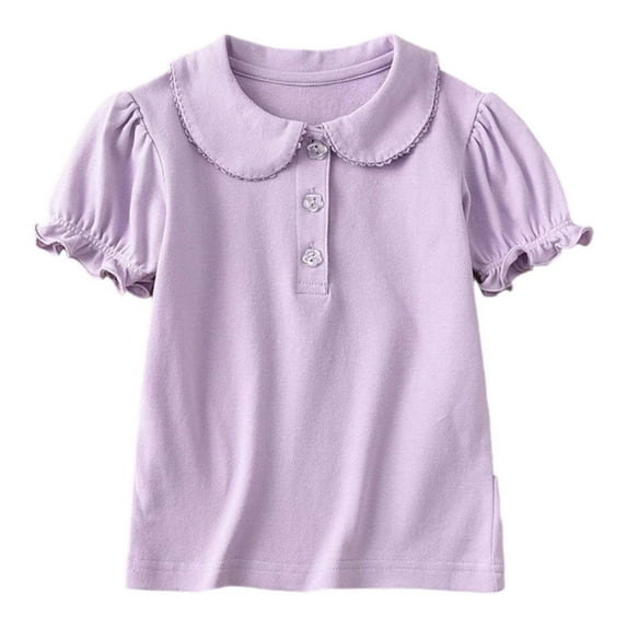 FINALGANG Girls Kids Solid Color Polo Shirt With Peter Pan Collar Ruffled Short Sleeve Lightweight Casual Blouse For Playtime Daily Wear Purple 10-11 Years