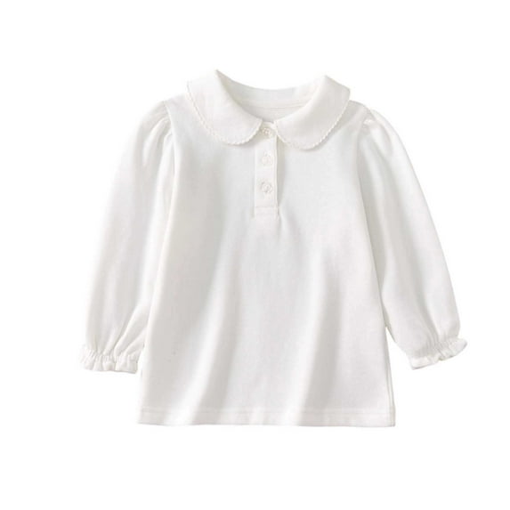 FINALGANG Girls Kids Solid Color Polo Shirt With Peter Pan Collar Ruffled Long Sleeves Casual Blouse For Playtime Daily Wear White 1-2 Years