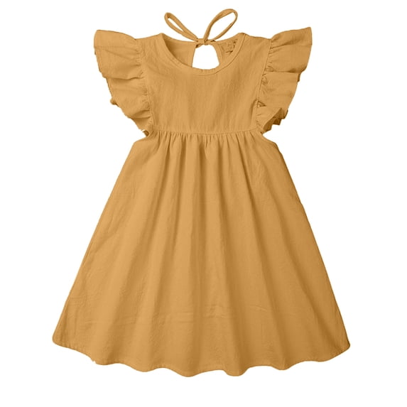 FINALGANG Girls Kids Solid Color Ruffle Sleeve Tie Back A Line Dress Round Neck Smocked Waist Casual Sundress For Daily Wear Stylish Dress
