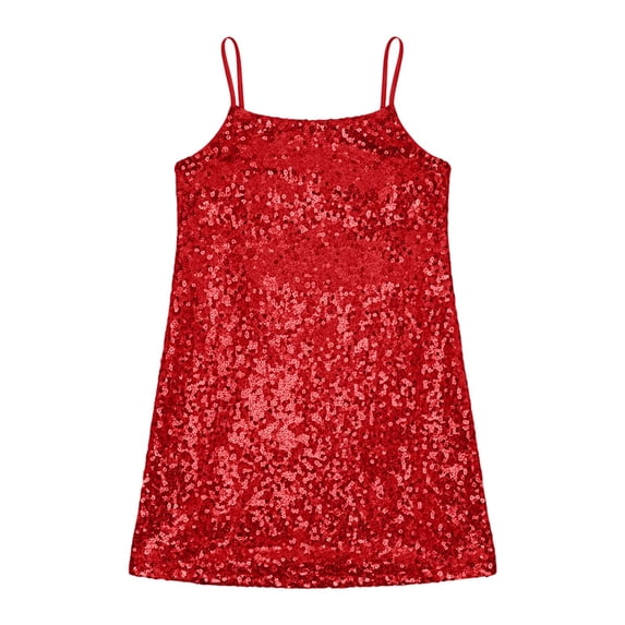 FINALGANG Girls Kids Solid Color Sequin Spaghetti Strap Dress Sleeveless Square Neck Loose Fit Mini Dress For Party Daily Wear Red 4-5 Years