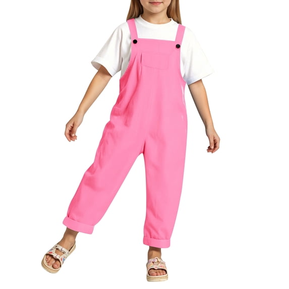 FINALGANG Girls Kids Solid Color Sleeveless Overalls With Adjustable Straps Bust Pocket For Summer Casual Daily Wear Pink 8-9 Years
