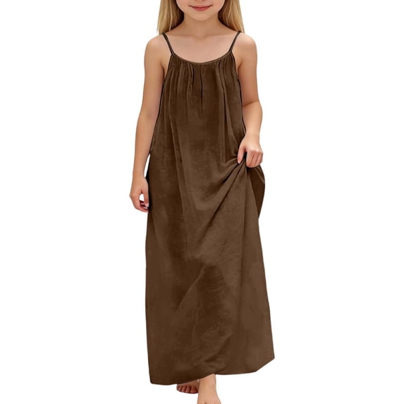 FINALGANG Girls Kids Solid Color Spaghetti Strap Maxi Dress Gathered Neckline Flowy Casual Summer Dress For Daily Wear Classic Dress
