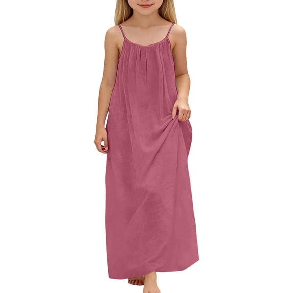 FINALGANG Girls Kids Solid Color Spaghetti Strap Maxi Dress Gathered Neckline Flowy Casual Summer Dress For Daily Wear Cute Dress