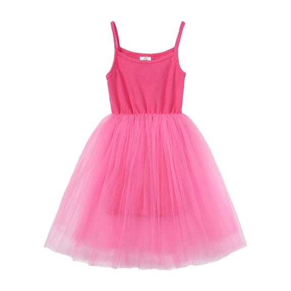 FINALGANG Girls Kids Solid Color Spaghetti Strap Tutu Dress Ribbed Knit Bodice Elastic Waist Fluffy Tulle Skirt Princess Party Dress For Daily Wear Lovely Dress