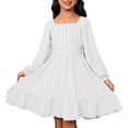 thumbnail image 1 of FINALGANG Girls Kids Solid Color Square Neck Dress Long Sleeve Ruched Waist Ruffle Hem Casual Party Dress For Daily Wear Classic Dress, 1 of 6