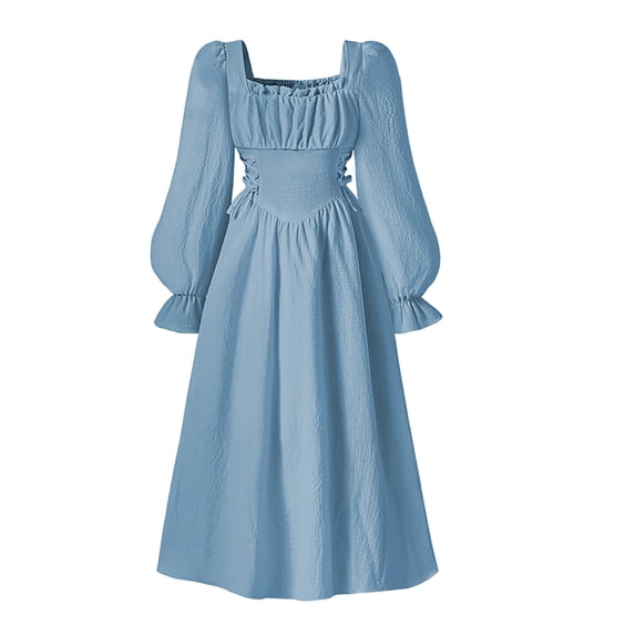 FINALGANG Girls Kids Solid Color Square Neck Dress Puff Sleeve Ruched Bodice Lace Up Waist Flowy A Line Maxi Dress For Daily Wear Trendy Dress