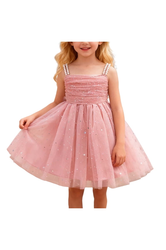 Girls Kids Solid Color Starry Tulle Dress Pearl Beaded Straps Ruched Bodice Princess Party Dress For Daily Party Wear Stylish Dress