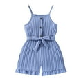 thumbnail image 1 of FINALGANG Girls Kids Solid Color Striped Spaghetti Strap Romper With Tie Waist Ruffle Hem For Summer Casual Daily Wear Blue 3-4 Years, 1 of 8