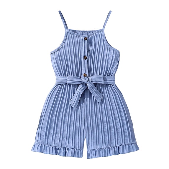 FINALGANG Girls Kids Solid Color Striped Spaghetti Strap Romper With Tie Waist Ruffle Hem For Summer Casual Daily Wear Blue 3-4 Years