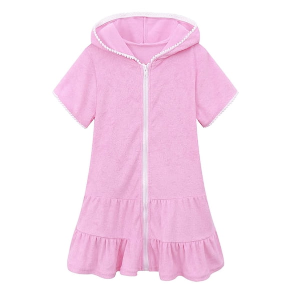 FINALGANG Girls Kids Solid Color Terry Cloth Hooded Dress Ruffle Hem Zip Up Long Sleeve Casual Cover Up Dress For Beach Pool Wear Cute Dress