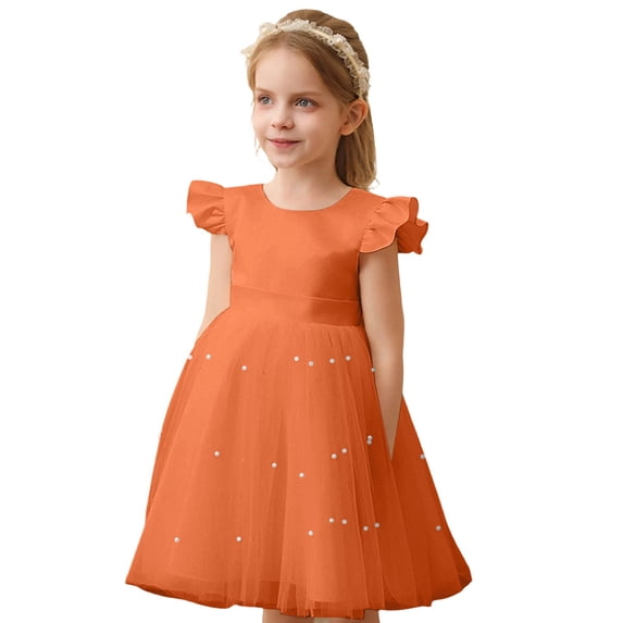 FINALGANG Girls Kids Solid Color Tulle Dress Ruffle Cap Sleeve Crewneck High Waist A Line Skirt Princess Party Dress For Daily Wear Orange 7-9 Years
