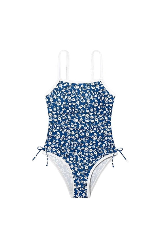 Girls Kids Square Contrast Trim Thin Strap Floral Print Side Drawstring One Piece Swimsuit Slim Fit Beach Pool Outdoor Bathing Suit For Child Czoy Swimwear 15-16 Years