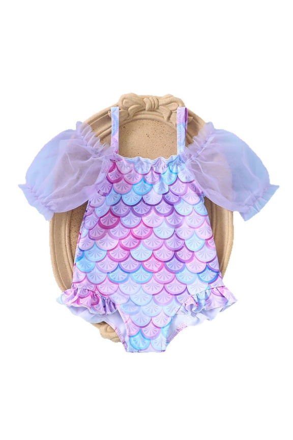 Girls Kids Square Neck Mesh Puff Sleeve Scale Print Ruffle Hem One Piece Swimsuit Slim Fit Beach Pool Outdoor Bathing Suit For Child Stylish Swimwear 9-12 Months