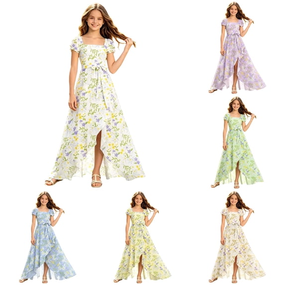 FINALGANG Girls Kids Square Neck Short Flutter Sleeve Floral Print Waist Tie Bow High Low Slit Hem Flowy Summer Maxi Dress For Chld Soft Dress 9-10 Years