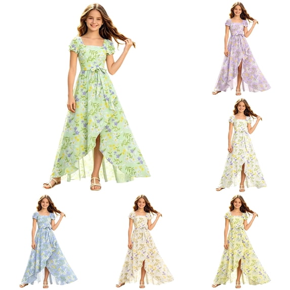 FINALGANG Girls Kids Square Neck Short Flutter Sleeve Floral Print Waist Tie Bow High Low Slit Hem Flowy Summer Maxi Dress For Chld Trendy Dress 11-12 Years