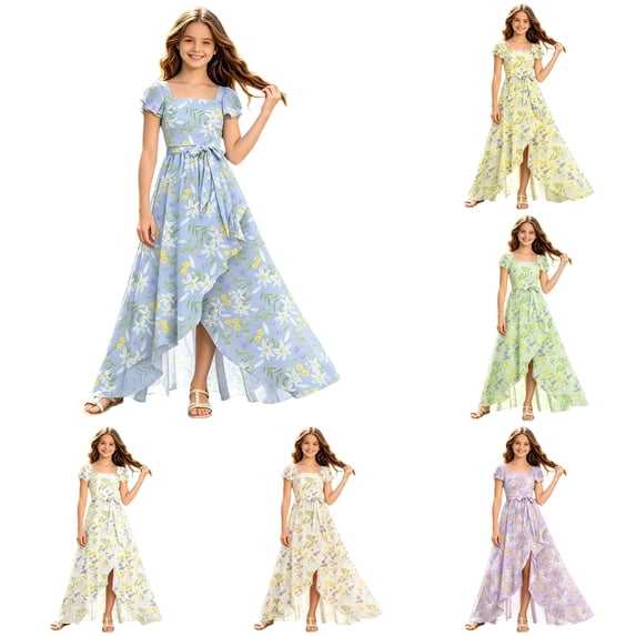 FINALGANG Girls Kids Square Neck Short Flutter Sleeve Floral Print Waist Tie Bow High Low Slit Hem Flowy Summer Maxi Dress For Chld Trendy Dress 5-6 Years