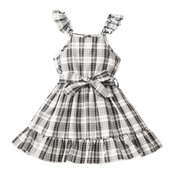 FINALGANG Girls Kids Square Neck Sleeveless Plaid Dress With Ruffled Straps Matching Waist Belt Ruffled Hem Casual Lightweight Dress For Toddlers Summer Daily Wear Versatile Dress