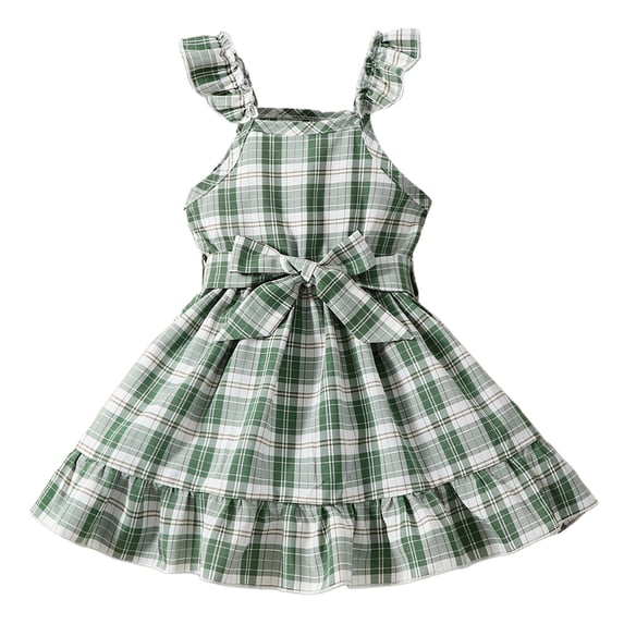 FINALGANG Girls Kids Square Neck Sleeveless Plaid Dress With Ruffled Straps Matching Waist Belt Ruffled Hem Casual Lightweight Dress For Toddlers Summer Daily Wear Versatile Dress