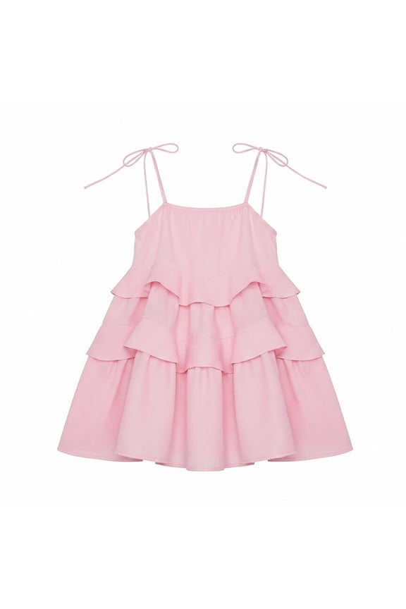 Girls Kids Square Neck Tie String Spaghetti Strap Solid Color Multi Tiered Ruffle Hem Loose Flowy Casual Summer Swing Dress For Little Girl Trendy Dress 14 Years