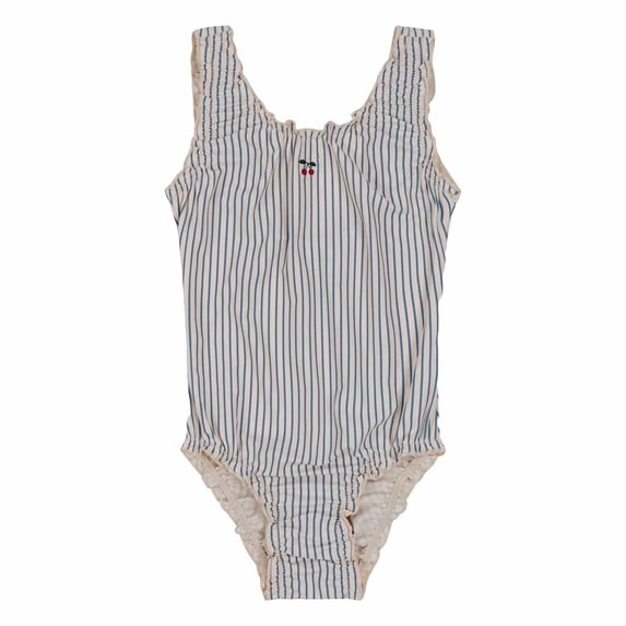 FINALGANG Girls Kids Striped One Piece Swimsuit With Cherry Embroidery Ruffle Trim Square Neck Bathing Suit For Summer Beach Swimming Pool Wear Leisure Swimwear