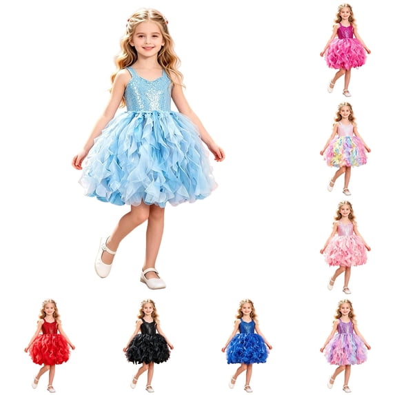 FINALGANG Girls Kids Sweetheart Neck Wide Strap Full Sequin Bodice Ruffled Layered Fluffy Tutu Formal Birthday Party Princess Dress For Child Trendy Dress 10-12 Years