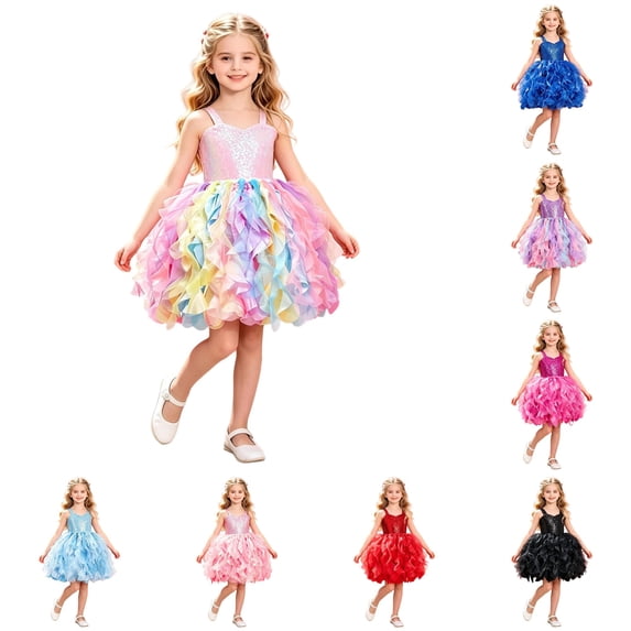 FINALGANG Girls Kids Sweetheart Neck Wide Strap Full Sequin Bodice Ruffled Layered Fluffy Tutu Formal Birthday Party Princess Dress For Child Versatile Dress 6-8 Years