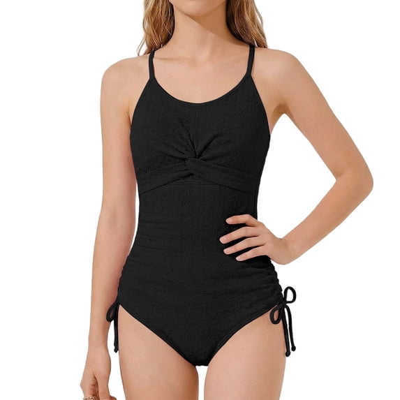 FINALGANG Girls Kids Textured Solid Color One Piece Swimsuit With Twist Front Detail Ruched Side Tie Spaghetti Strap Bathing Suit For Summer Beach Vacation 11-12 Years Black