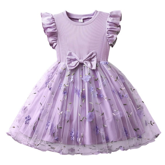 FINALGANG Girls Kids Tulle Princess Dress Ruffle Sleeve Crewneck Flower Embroidery Bow Decor A Line Casual Party Dress For Daily Wear Cute Dress