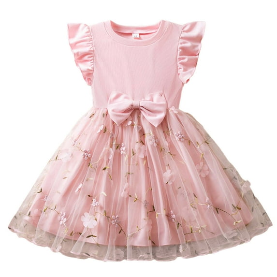 FINALGANG Girls Kids Tulle Princess Dress Ruffle Sleeve Crewneck Flower Embroidery Bow Decor A Line Casual Party Dress For Daily Wear Trendy Dress
