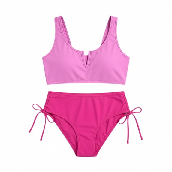FINALGANG Girls Kids Two Piece Bikini Set Color Block V Notch Bralette Top With Drawstring Side High Waist Bottoms For Summer Beach Classic Swimwear