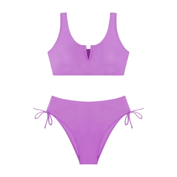 FINALGANG Girls Kids Two Piece Bikini Set Color Block V Notch Bralette Top With Drawstring Side High Waist Bottoms For Summer Beach Cute Swimwear