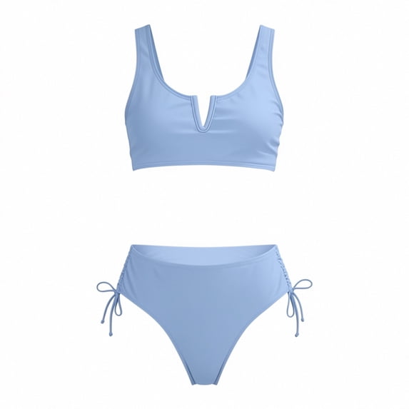 FINALGANG Girls Kids Two Piece Bikini Set Color Block V Notch Bralette Top With Drawstring Side High Waist Bottoms For Summer Beach Lovely Swimwear