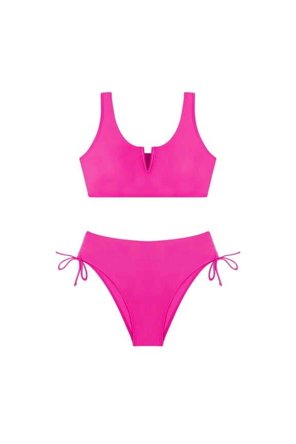 Girls Kids Two Piece Bikini Set Color Block V Notch Bralette Top With Drawstring Side High Waist Bottoms For Summer Beach Stylish Swimwear