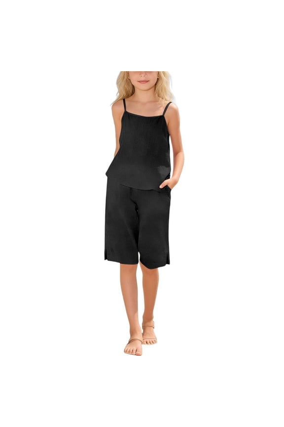 Girls Kids Two Piece Outfit Set Solid Color Spaghetti Strap Textured Cami Top Split Hem Wide Leg Culottes With Pockets Casual Summer Set For Daily Wear Versatile Outfit