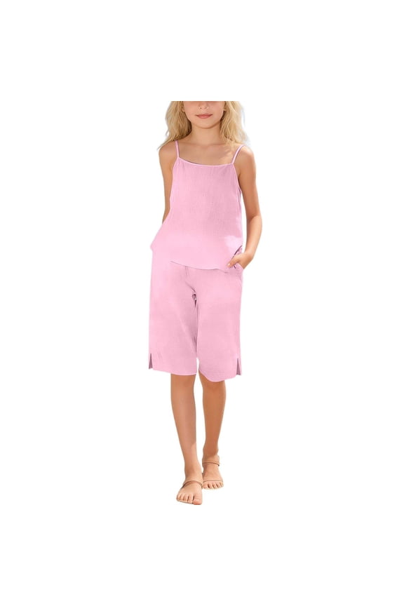 Girls Kids Two Piece Outfit Set Solid Color Spaghetti Strap Textured Cami Top Split Hem Wide Leg Culottes With Pockets Casual Summer Set For Daily Wear Stylish Outfit