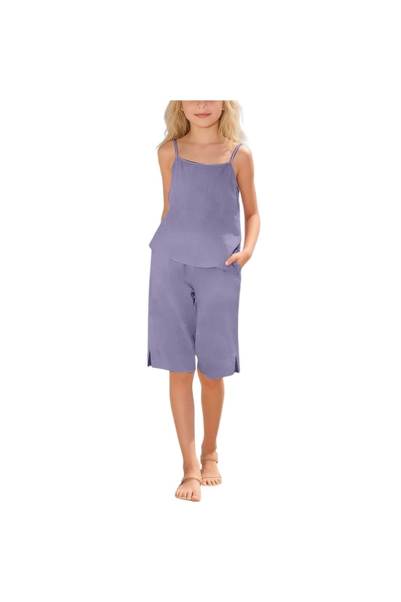 Girls Kids Two Piece Outfit Set Solid Color Spaghetti Strap Textured Cami Top Split Hem Wide Leg Culottes With Pockets Casual Summer Set For Daily Wear Versatile Outfit