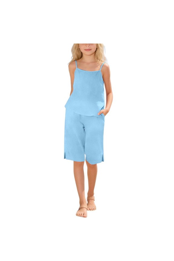 Girls Kids Two Piece Outfit Set Solid Color Spaghetti Strap Textured Cami Top Split Hem Wide Leg Culottes With Pockets Casual Summer Set For Daily Wear Leisure Outfit