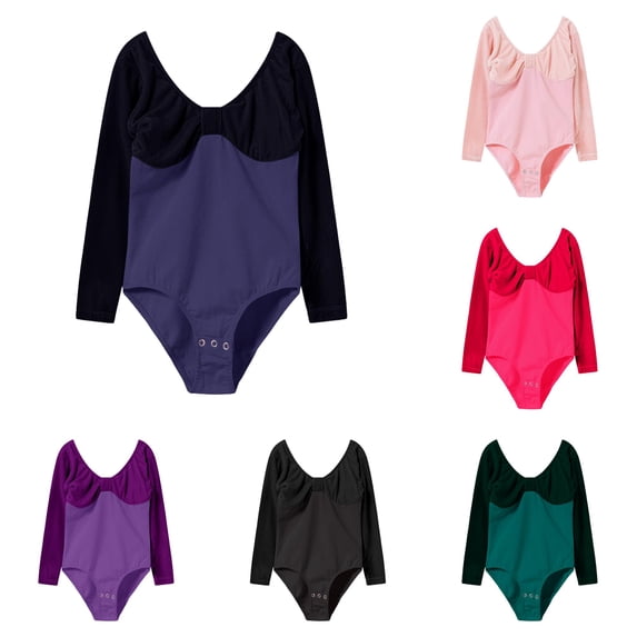 FINALGANG Girls Kids V Back Solid Bow Decor Ballet Leotard Dance Wear Training Regular Fit Long Sleeve Snap Crotch Stretchy Gymnastics Bodysuit For Child Classic Romper 2-3 Years