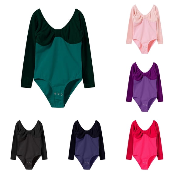 FINALGANG Girls Kids V Back Solid Bow Decor Ballet Leotard Dance Wear Training Regular Fit Long Sleeve Snap Crotch Stretchy Gymnastics Bodysuit For Child Stylish Romper 18-24 Months