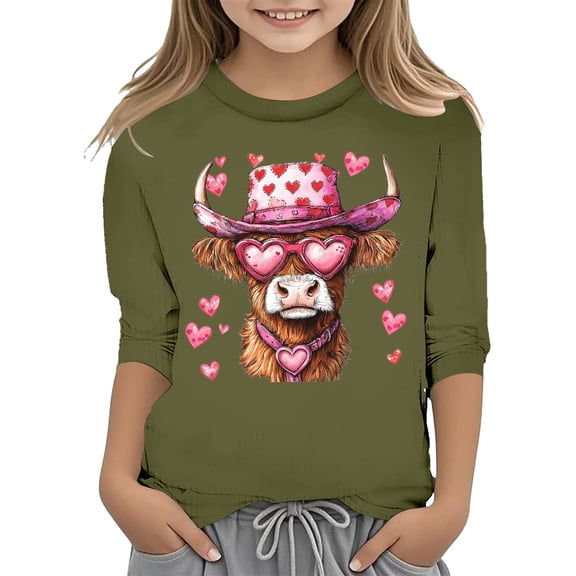 FINALGANG Girls Kids Valentine's Day T-Shirt With Cute Heart Cow Prints Short Sleeve Crewneck Loose Fit Tee Shirt For Holiday Casual Daily Outdoor Activities Leisure Tee