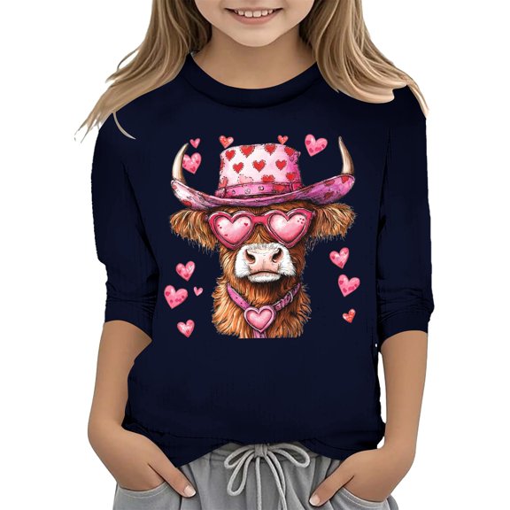 FINALGANG Girls Kids Valentine's Day T-Shirt With Cute Heart Cow Prints Short Sleeve Crewneck Loose Fit Tee Shirt For Holiday Casual Daily Outdoor Activities Adorable Tee