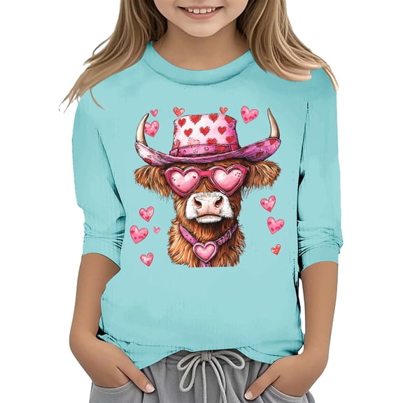 FINALGANG Girls Kids Valentine's Day T-Shirt With Cute Heart Cow Prints Short Sleeve Crewneck Loose Fit Tee Shirt For Holiday Casual Daily Outdoor Activities Adorable Tee