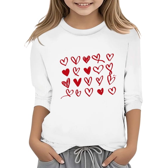 FINALGANG Girls Kids Valentine's Day T-Shirt With Multi Heart Pattern Prints / Sleeve Crewneck Loose Fit Tee Shirt For Holiday Casual Daily Outdoor Wear Classic Tee