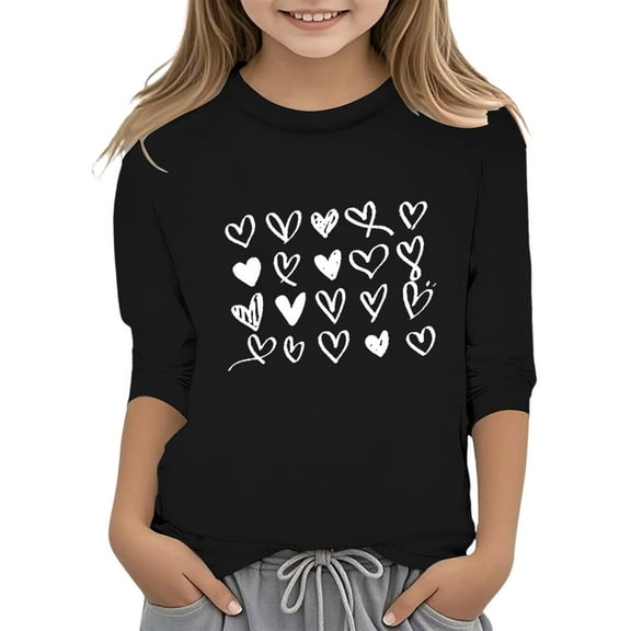 FINALGANG Girls Kids Valentine's Day T-Shirt With Multi Heart Pattern Prints / Sleeve Crewneck Loose Fit Tee Shirt For Holiday Casual Daily Outdoor Wear Soft Tee