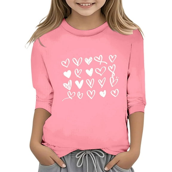 FINALGANG Girls Kids Valentine's Day T-Shirt With Multi Heart Pattern Prints / Sleeve Crewneck Loose Fit Tee Shirt For Holiday Casual Daily Outdoor Wear Stylish Tee