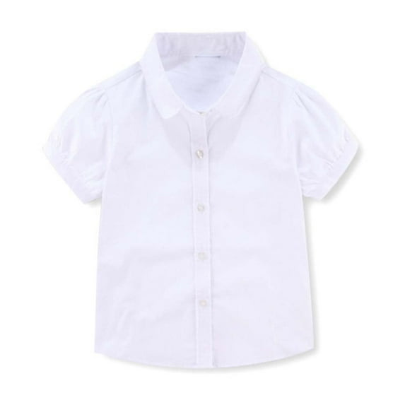 FINALGANG Girls Kids White Short Sleeve Shirt Button Closure Peter Pan Collar Soft Casual Blouse For Playtime Daily Wear White 6-7 Years